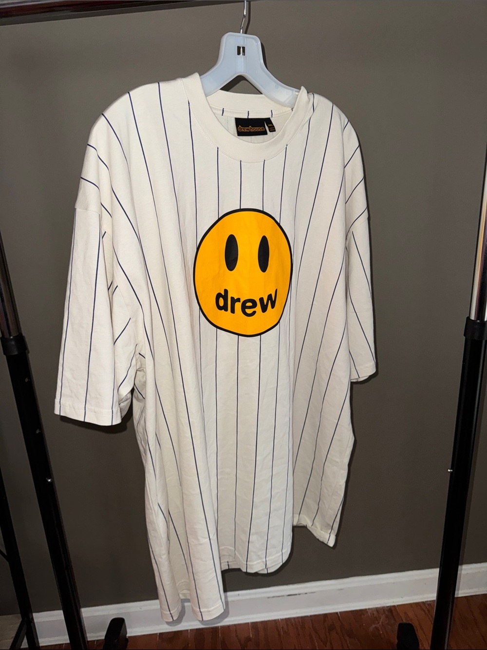 drew house White Pinstripe Tee with Yellow Smiley